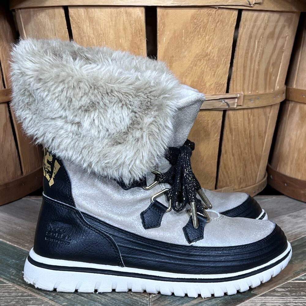 Sorel Snowdance Lace Metallic Suede Black Faux Fur Waterproof Boots Womens 5.5